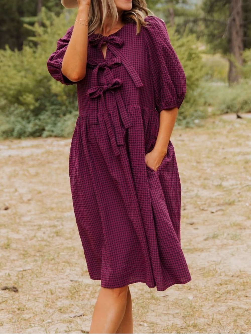 Women’s Magenta Burgundy Gingham Tie-Neck Puff Sleeve Dress sz M